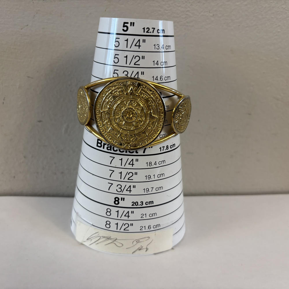 Gold-Tone Aztec Mayan Sun Calendar Medallion Cuff